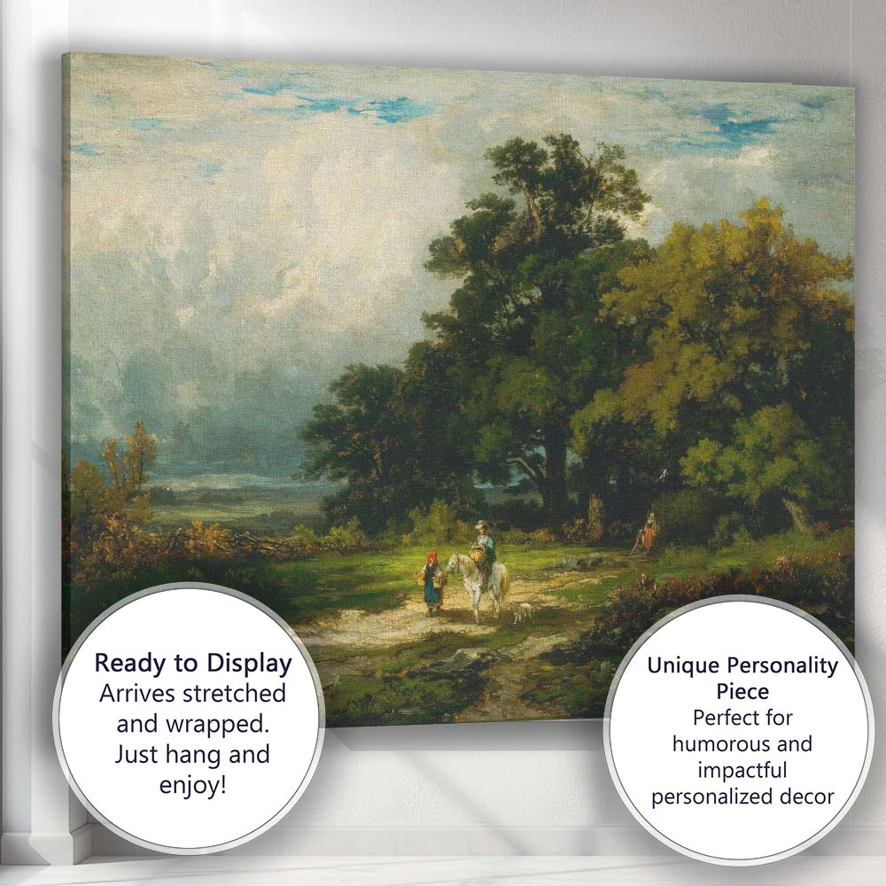 Woodland Path Rider And Child Pastoral Landscape Oil Painting Canvas Wall Art Print Decor Picture Ready to Hang