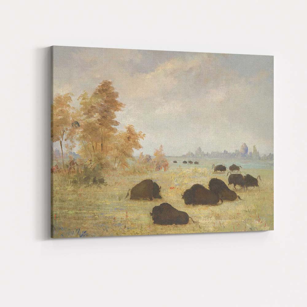 Grazing Bison Prairie Wildlife Pastoral Landscape Painting Canvas Wall Art Print Decor Picture Ready to Hang
