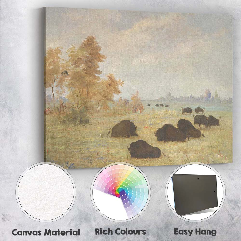 Grazing Bison Prairie Wildlife Pastoral Landscape Painting Canvas Wall Art Print Decor Picture Ready to Hang