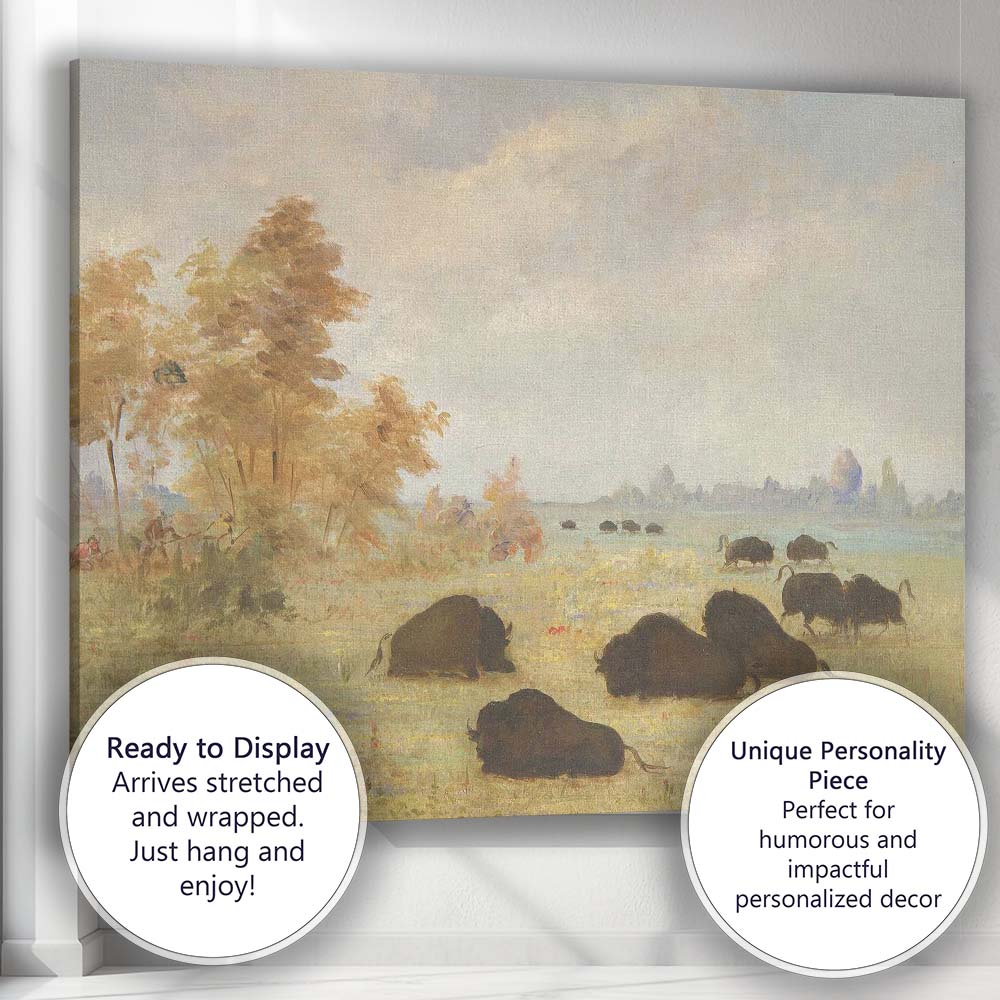 Grazing Bison Prairie Wildlife Pastoral Landscape Painting Canvas Wall Art Print Decor Picture Ready to Hang