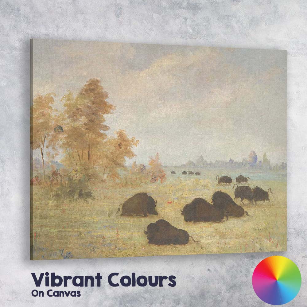 Grazing Bison Prairie Wildlife Pastoral Landscape Painting Canvas Wall Art Print Decor Picture Ready to Hang