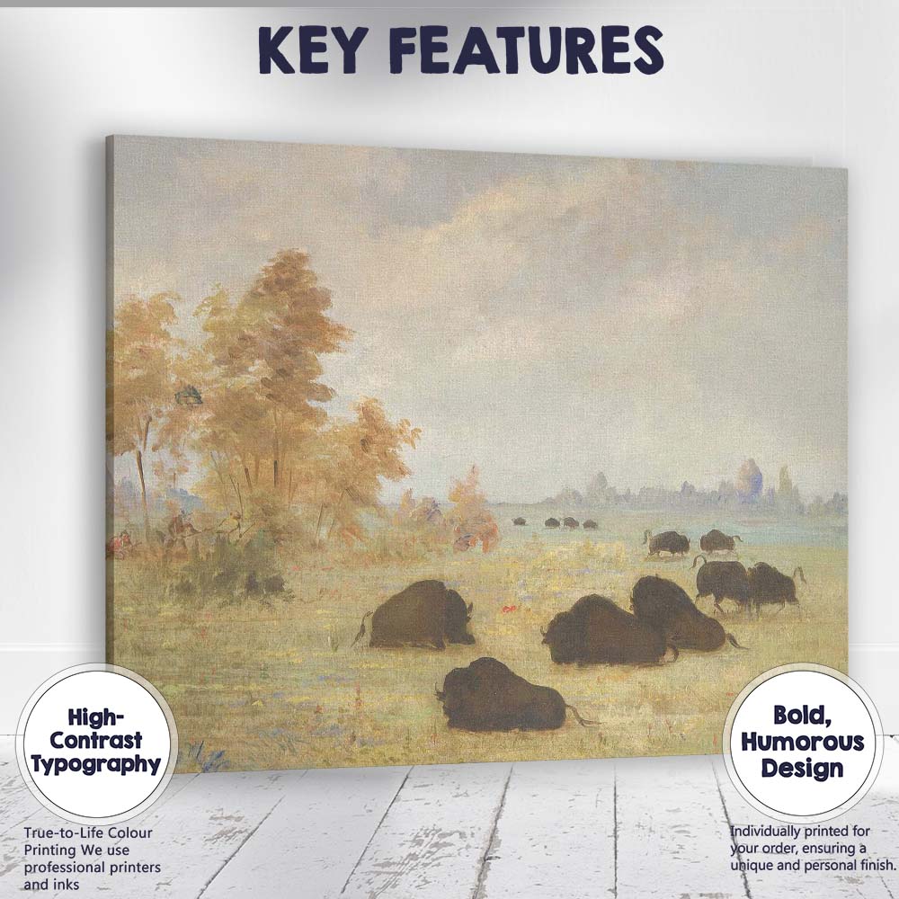 Grazing Bison Prairie Wildlife Pastoral Landscape Painting Canvas Wall Art Print Decor Picture Ready to Hang