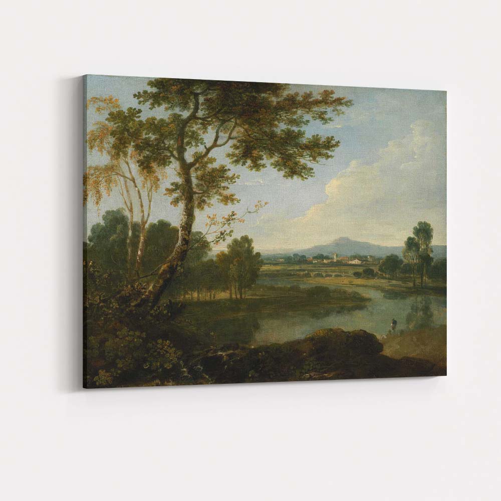 Serene Riverside Valley With Trees And Distant Village Landscape Canvas Wall Art Print Decor Picture Ready to Hang
