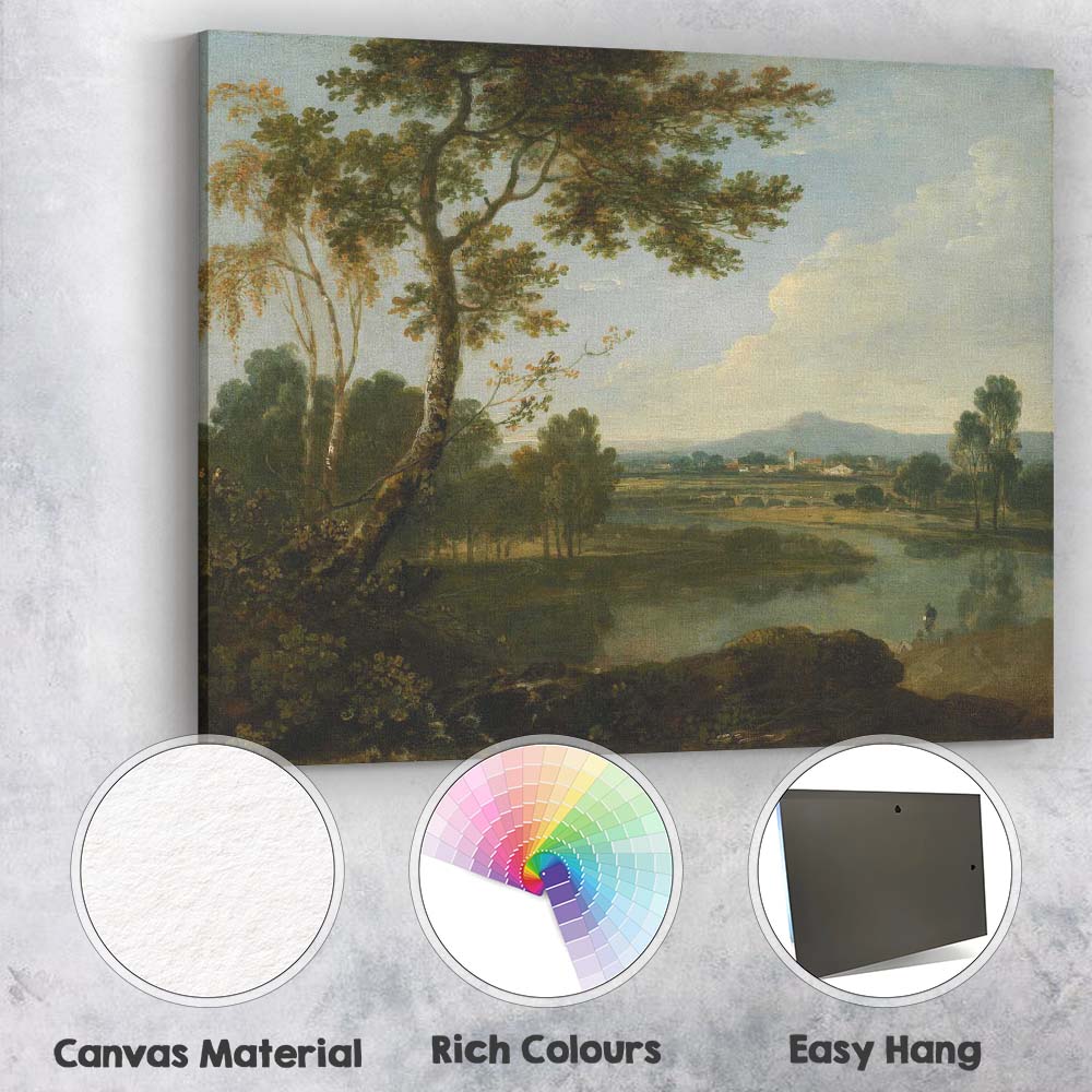 Serene Riverside Valley With Trees And Distant Village Landscape Canvas Wall Art Print Decor Picture Ready to Hang