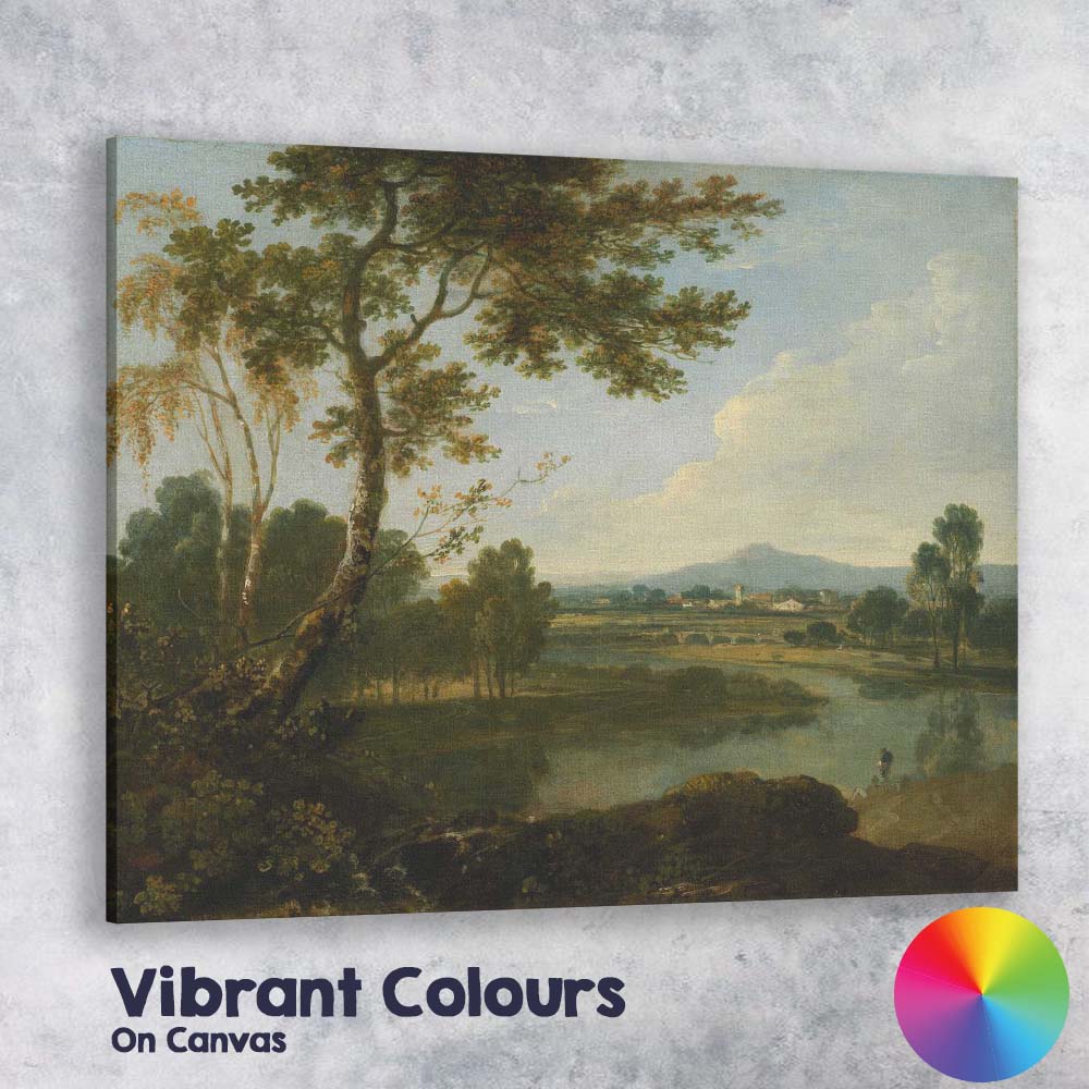 Serene Riverside Valley With Trees And Distant Village Landscape Canvas Wall Art Print Decor Picture Ready to Hang