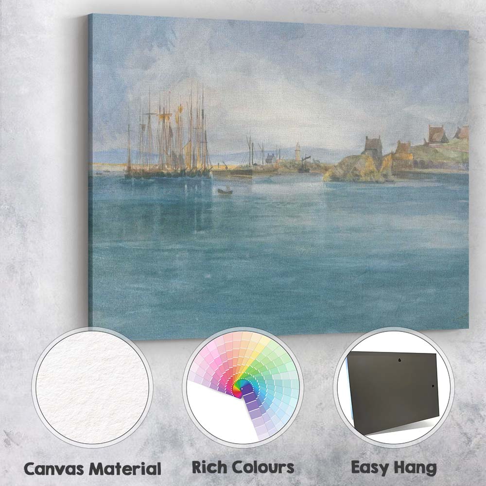 Peaceful Harbour Boats Blue Water Coastal Watercolour Scene Canvas Wall Art Print Decor Picture Ready to Hang