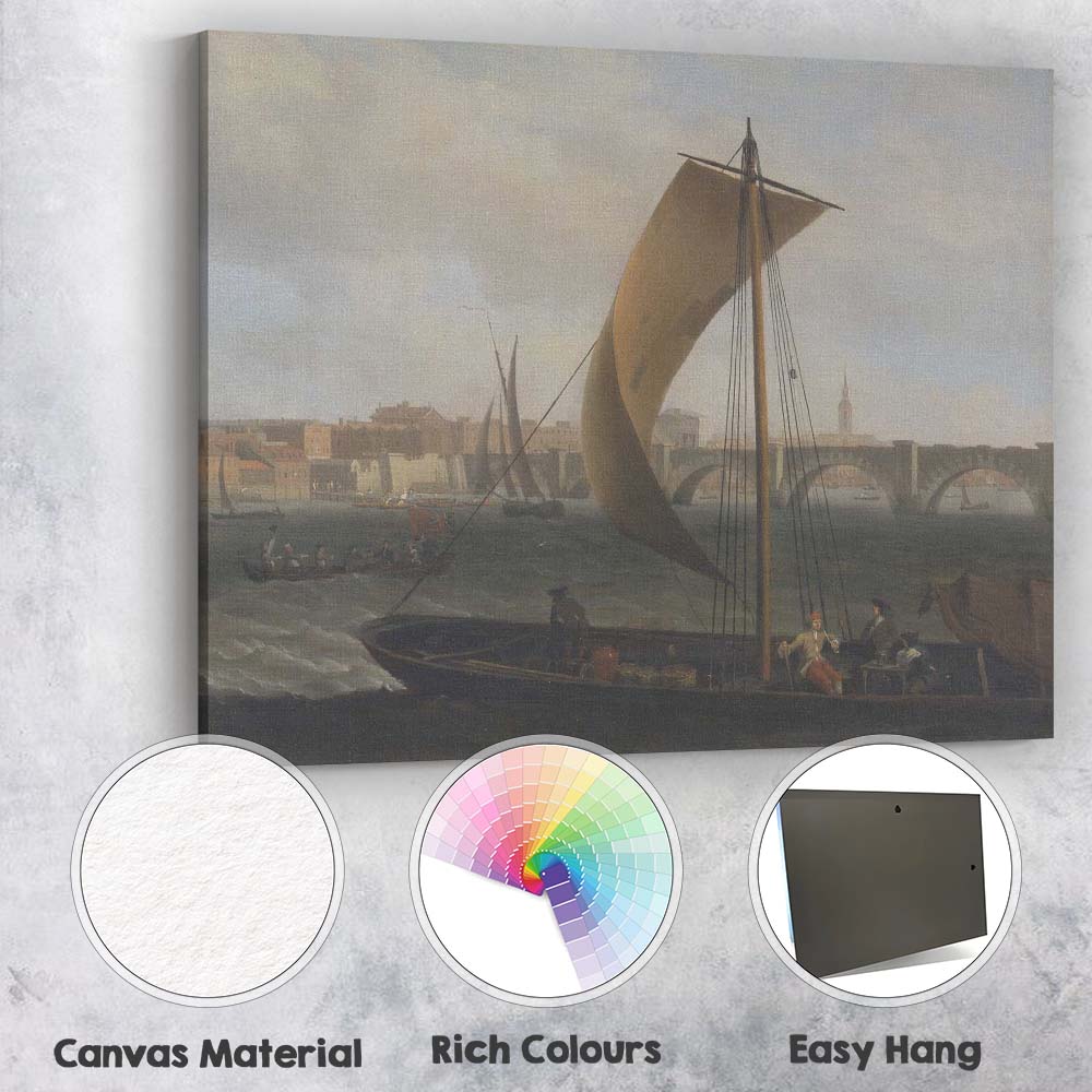 Historic Harbour Sailboat and Stone Bridge Coastal Painting Canvas Wall Art Print Decor Picture Ready to Hang