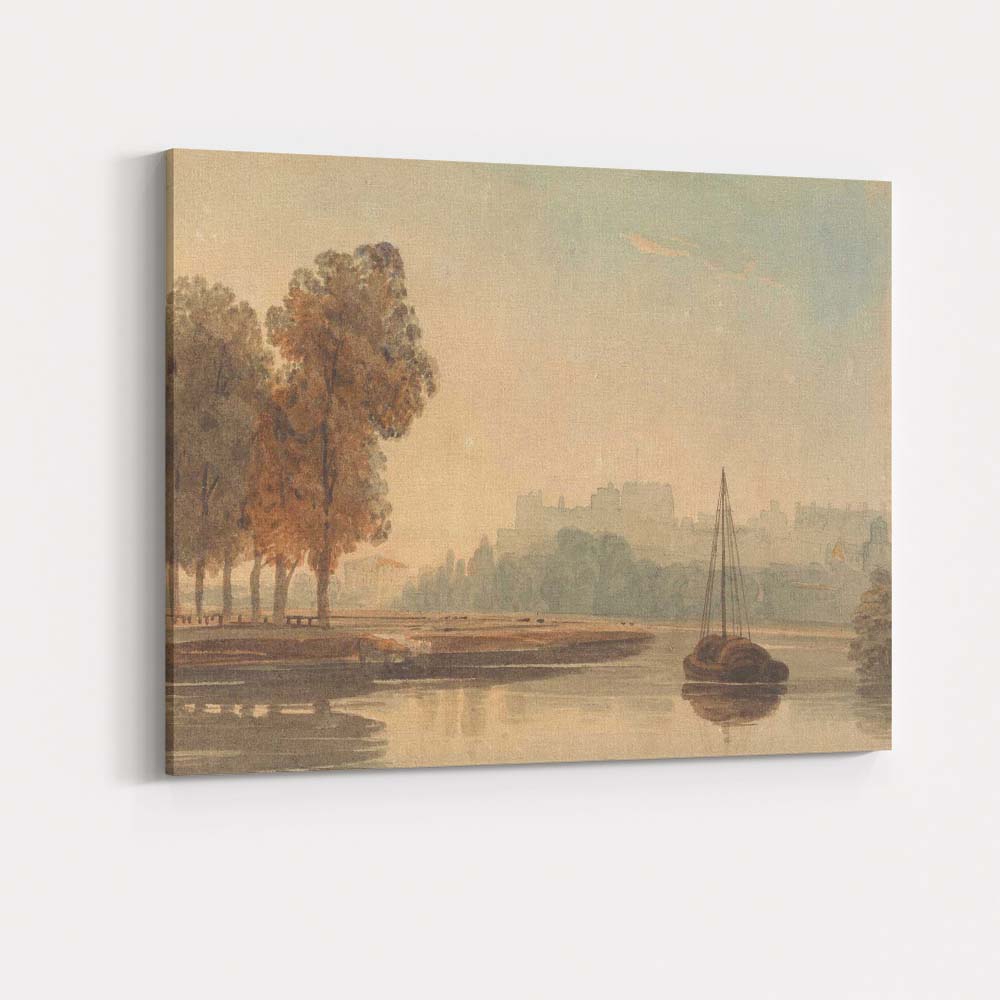Soft Watercolour Riverbank Trees And Historic Townscape Scenic Landscape Canvas Wall Art Print Decor Picture Ready to Hang