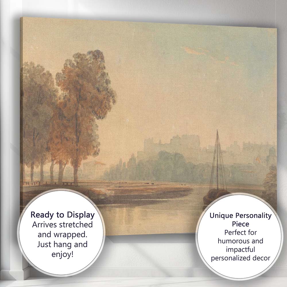Soft Watercolour Riverbank Trees And Historic Townscape Scenic Landscape Canvas Wall Art Print Decor Picture Ready to Hang