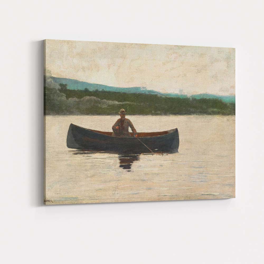Solitary Angler In Canoe On Tranquil Lake Impressionist Waterscape Painting Canvas Wall Art Print Decor Picture Ready to Hang