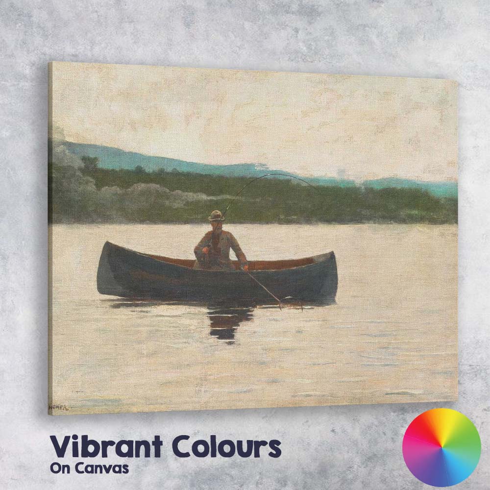 Solitary Angler In Canoe On Tranquil Lake Impressionist Waterscape Painting Canvas Wall Art Print Decor Picture Ready to Hang