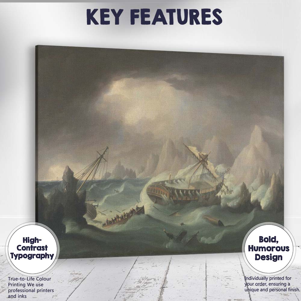 Dramatic Arctic Shipwreck Among Icebergs Maritime Storm Painting Canvas Wall Art Print Decor Picture Ready to Hang