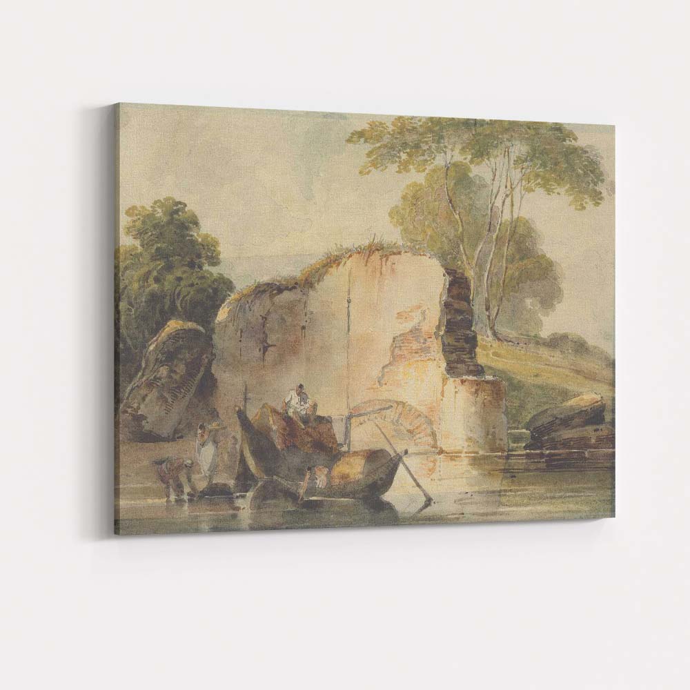 Rustic Riverside Ruins With Fishing Boats Watercolour Landscape Canvas Wall Art Print Decor Picture Ready to Hang