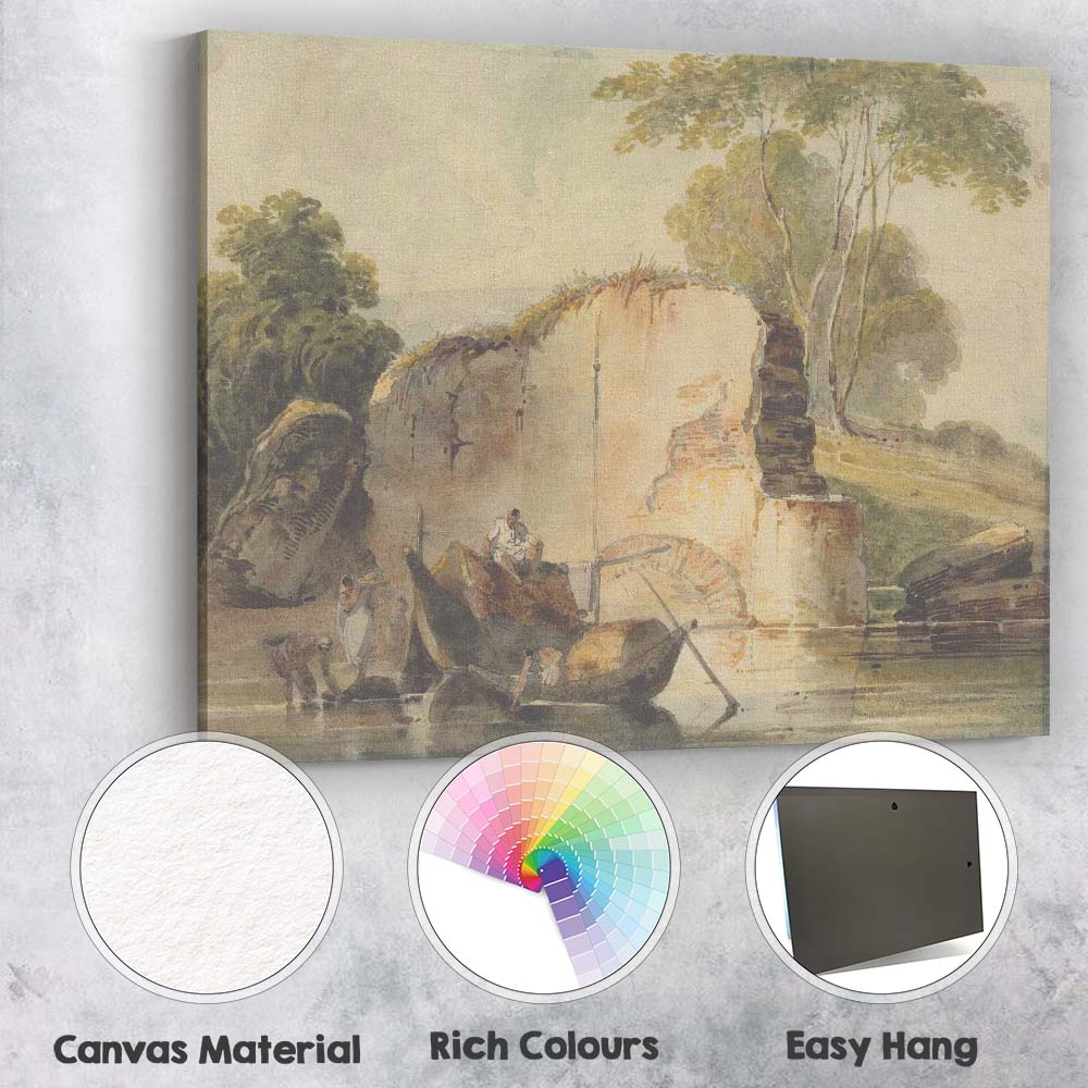 Rustic Riverside Ruins With Fishing Boats Watercolour Landscape Canvas Wall Art Print Decor Picture Ready to Hang