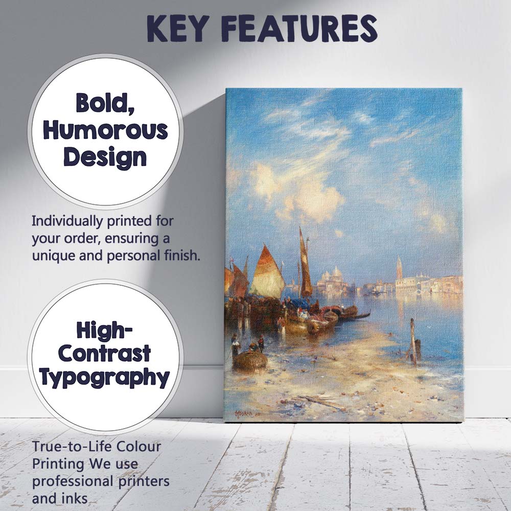 Venetian Lagoon Boats Bright Blue Sky Coastal Cityscape Painting Canvas Wall Art Print Decor Picture Ready to Hang