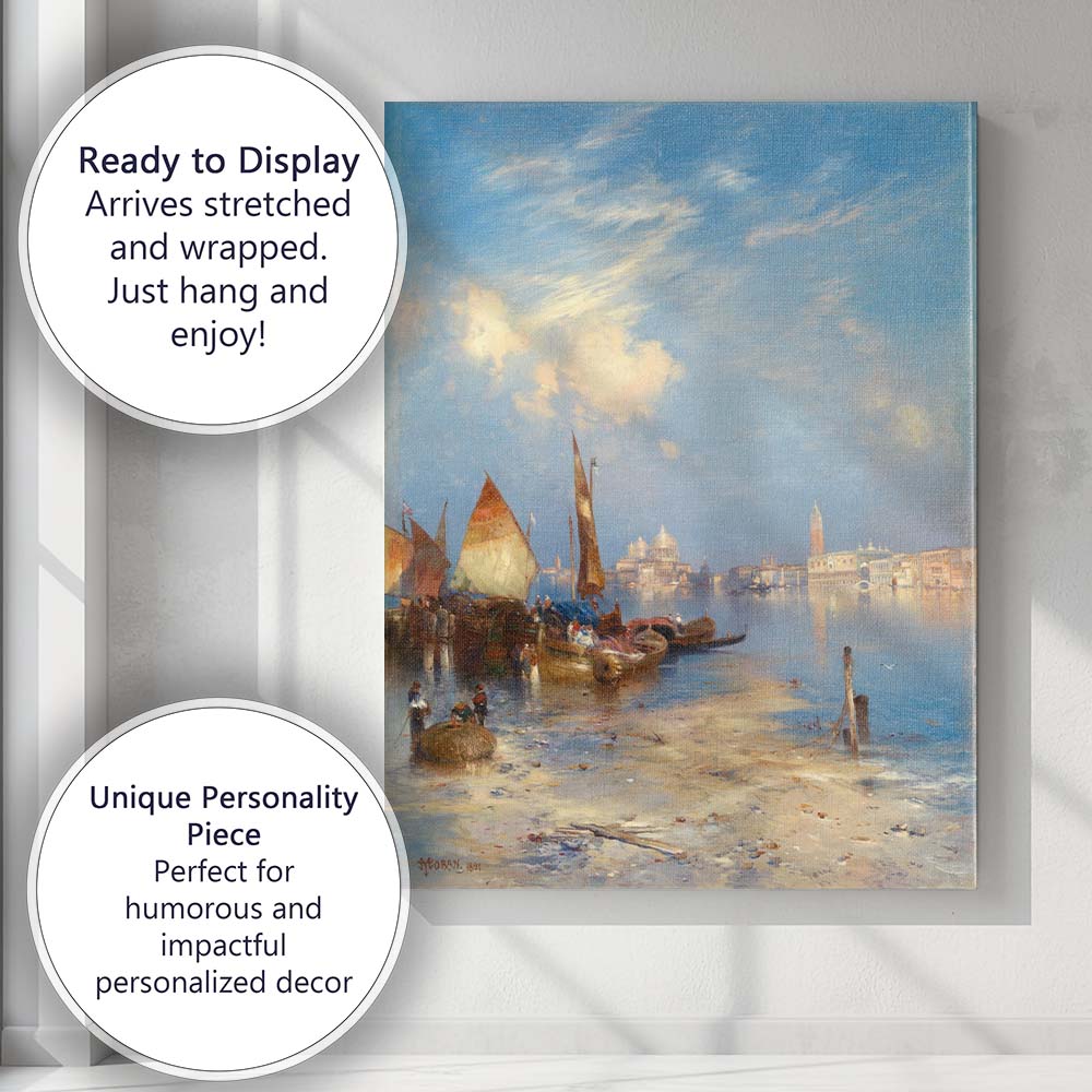 Venetian Lagoon Boats Bright Blue Sky Coastal Cityscape Painting Canvas Wall Art Print Decor Picture Ready to Hang