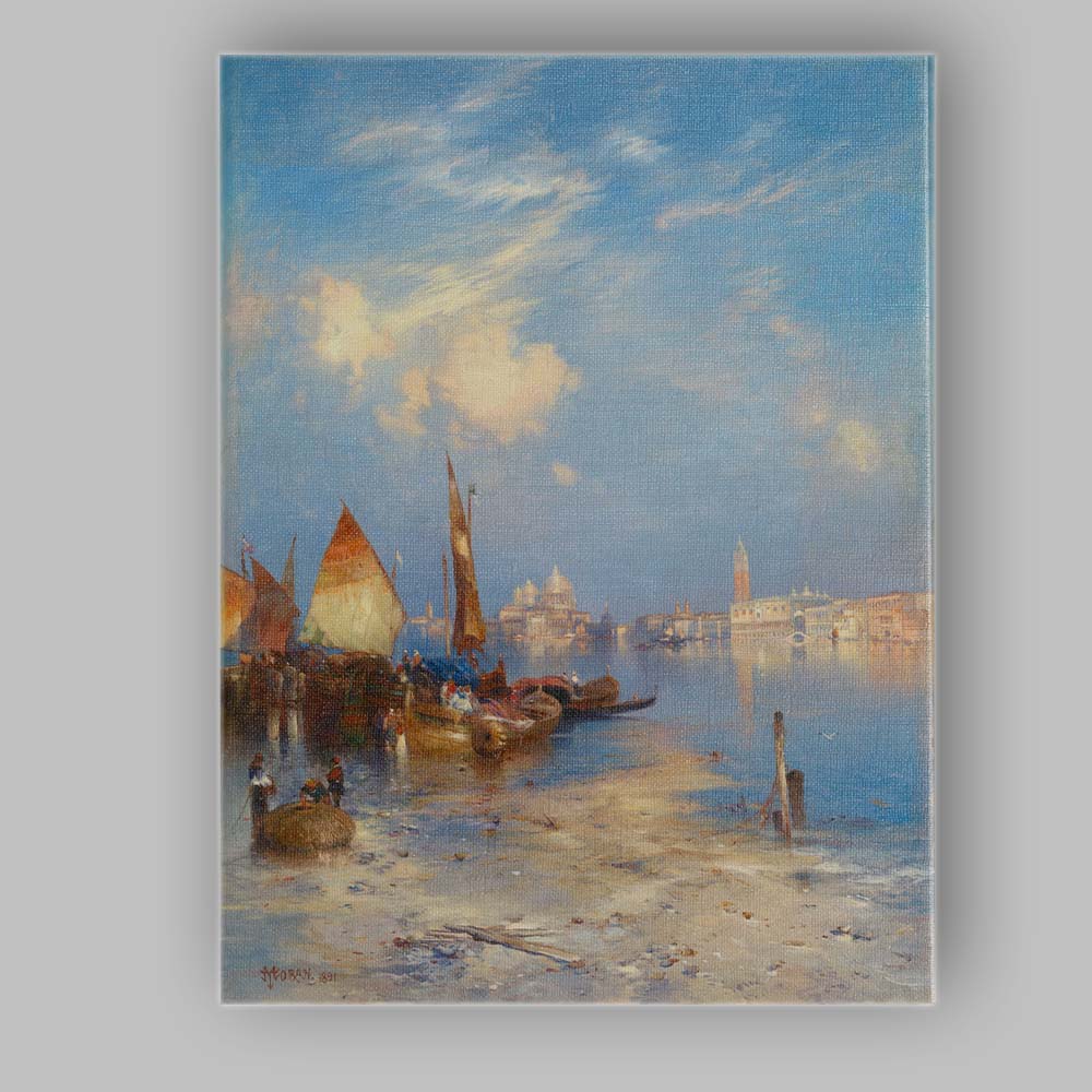 Venetian Lagoon Boats Bright Blue Sky Coastal Cityscape Painting Canvas Wall Art Print Decor Picture Ready to Hang