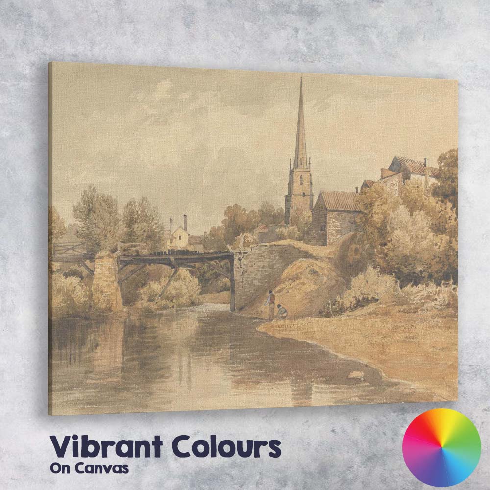 Peaceful Village Church Riverside Sepia Watercolour Country Landscape Canvas Wall Art Print Decor Picture Ready to Hang