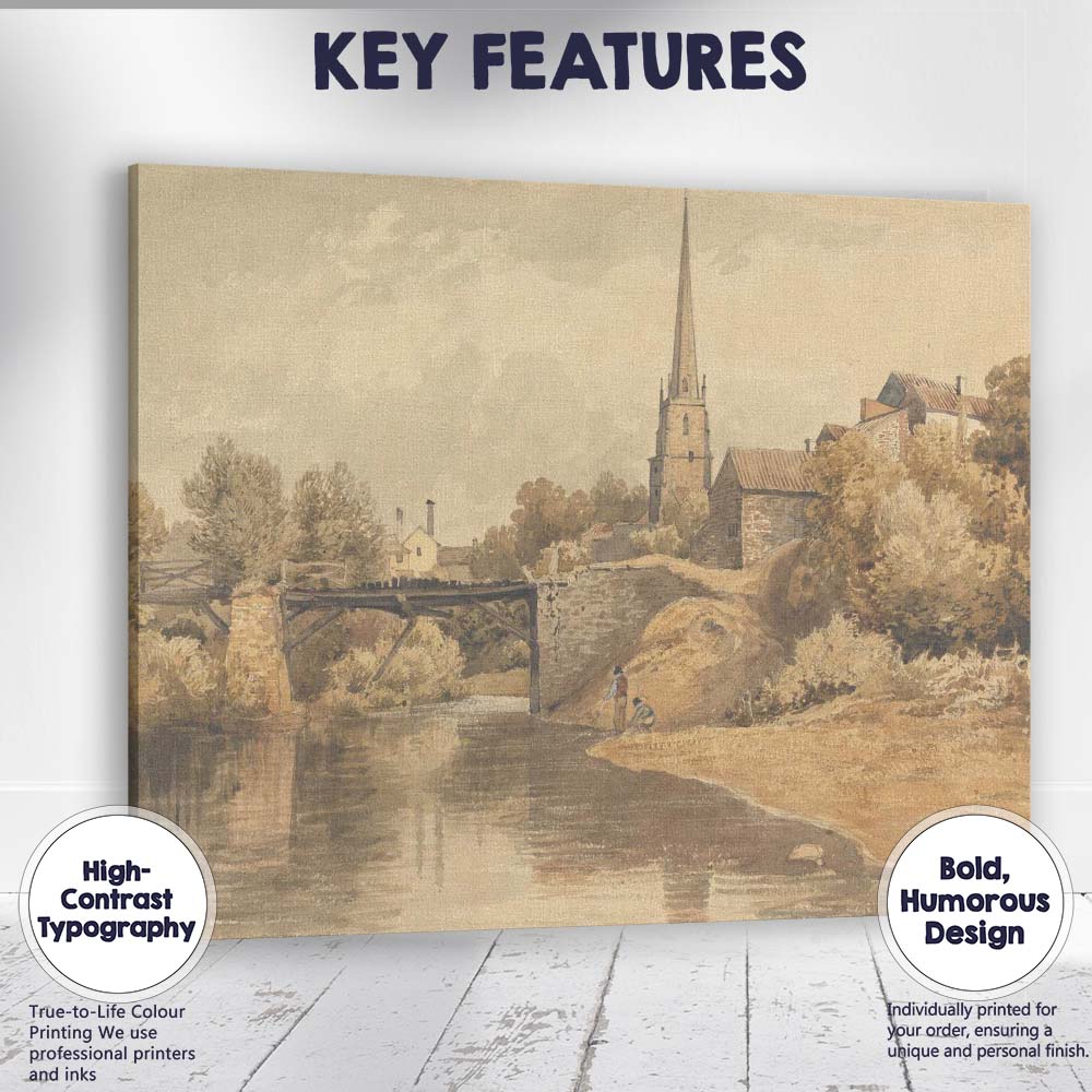 Peaceful Village Church Riverside Sepia Watercolour Country Landscape Canvas Wall Art Print Decor Picture Ready to Hang