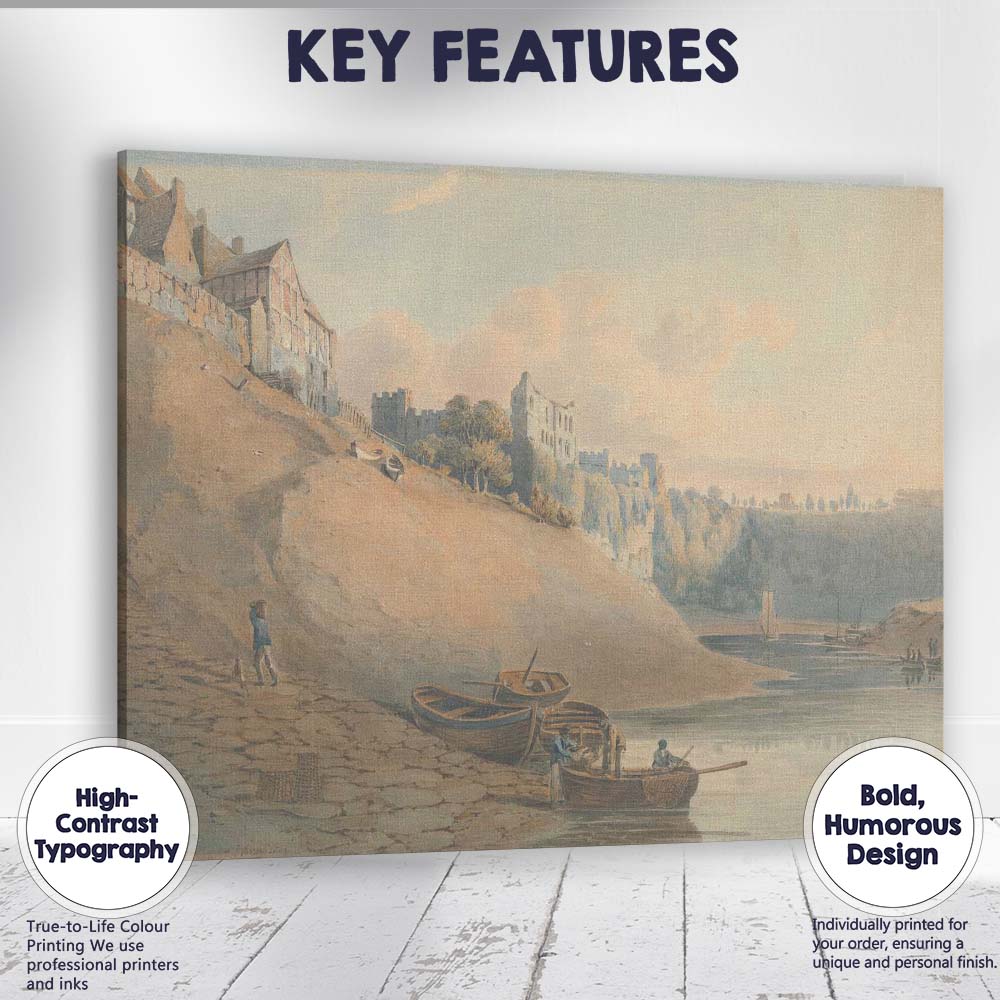 Medieval Castle Riverbank Boats Tranquil Countryside Watercolour Canvas Wall Art Print Decor Picture Ready to Hang