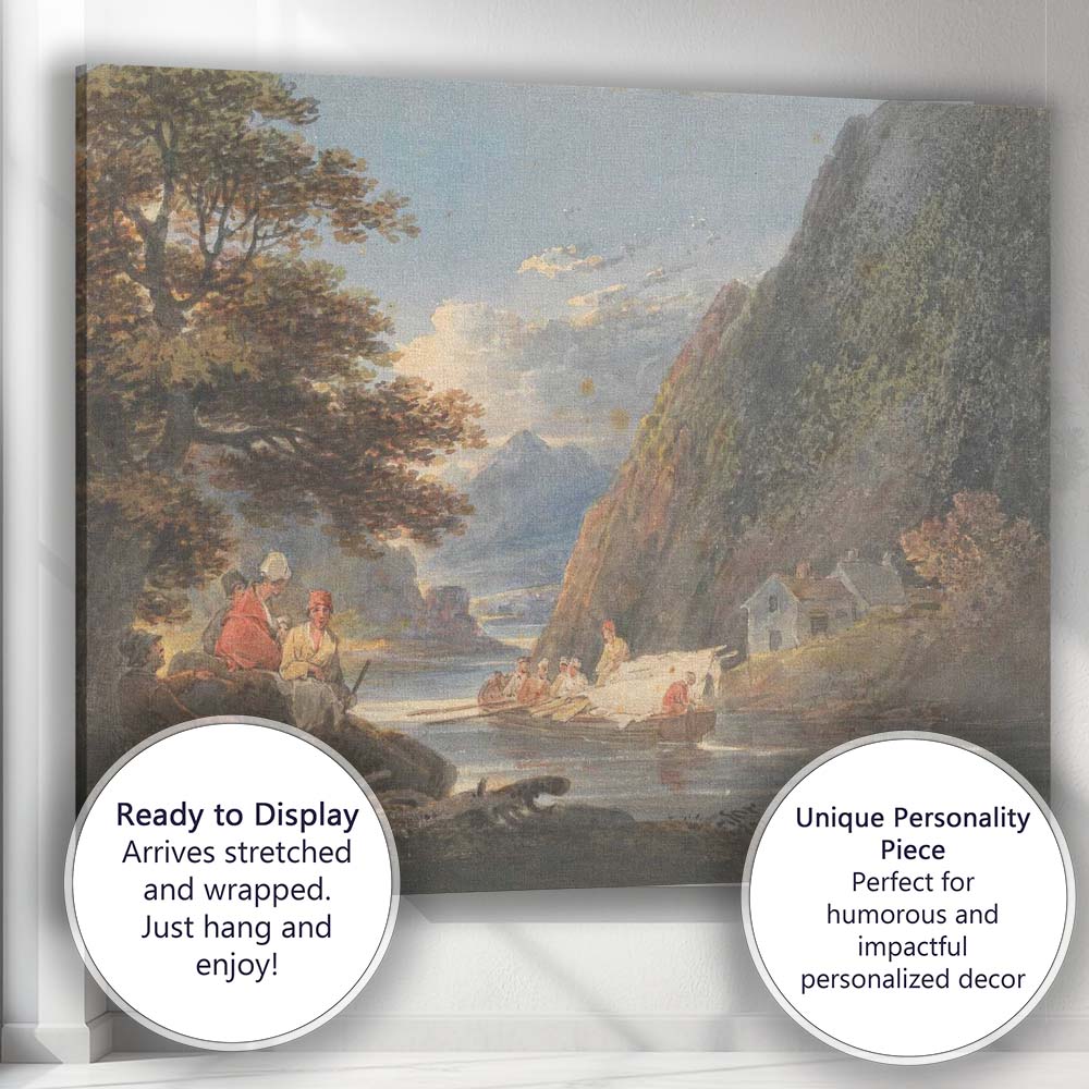 Scenic Mountain Fjord River Boat Traditional Watercolour Landscape Canvas Wall Art Print Decor Picture Ready to Hang