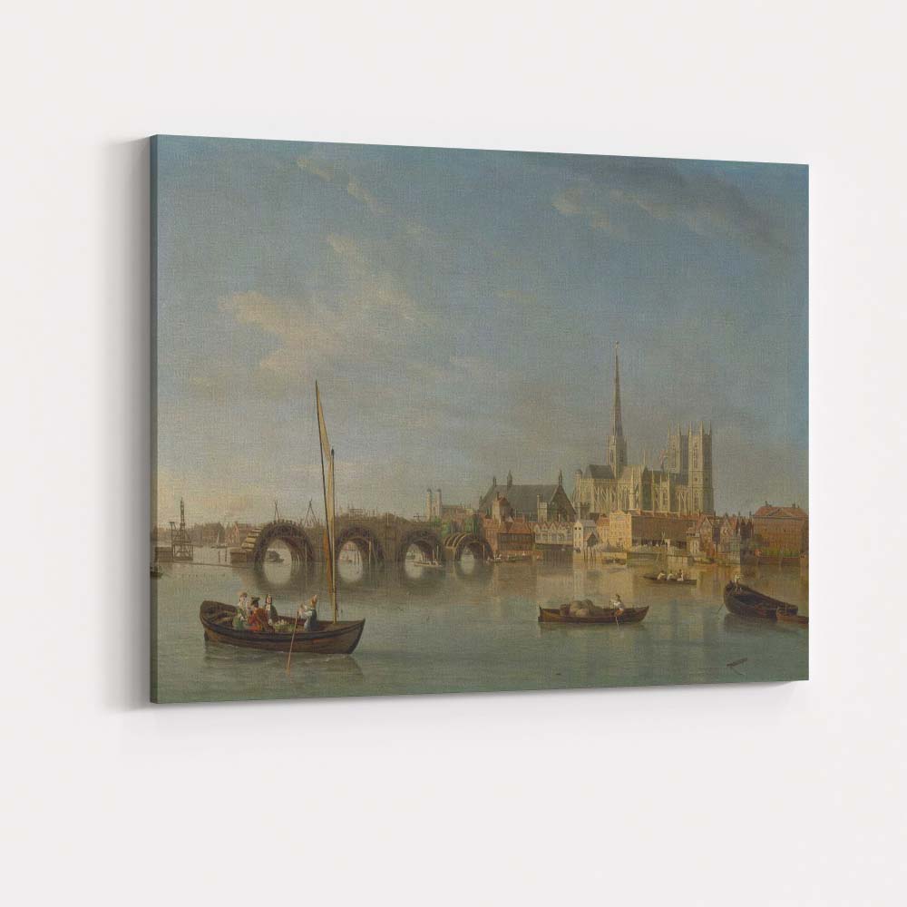 Cathedral Riverside Town Historic Bridge Waterfront Landscape Painting Canvas Wall Art Print Decor Picture Ready to Hang