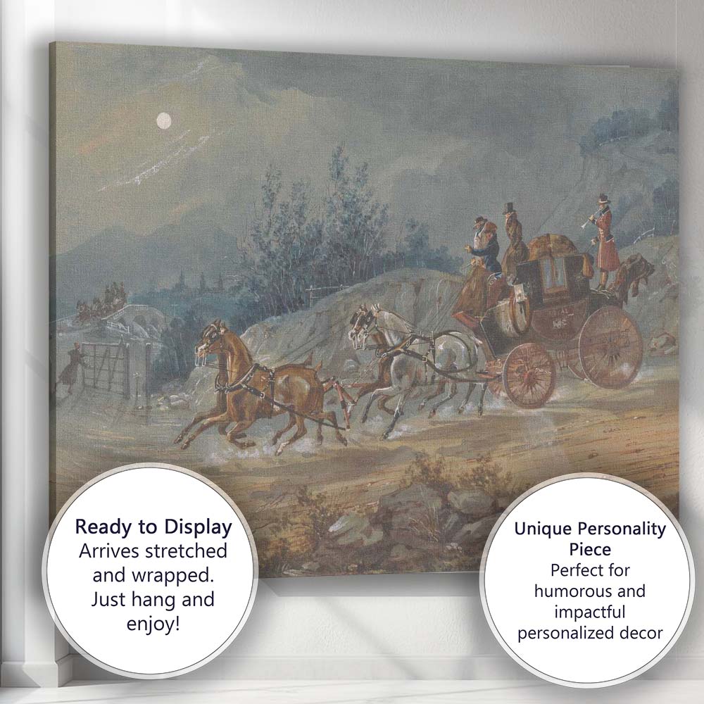 Moonlit Royal Mail Horse Drawn Coach Country Road Watercolour Canvas Wall Art Print Decor Picture Ready to Hang