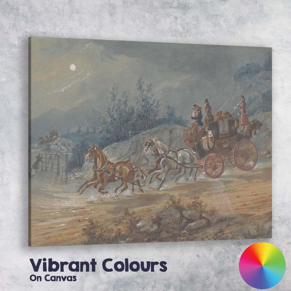 Moonlit Royal Mail Horse Drawn Coach Country Road Watercolour Canvas Wall Art Print Decor Picture Ready to Hang