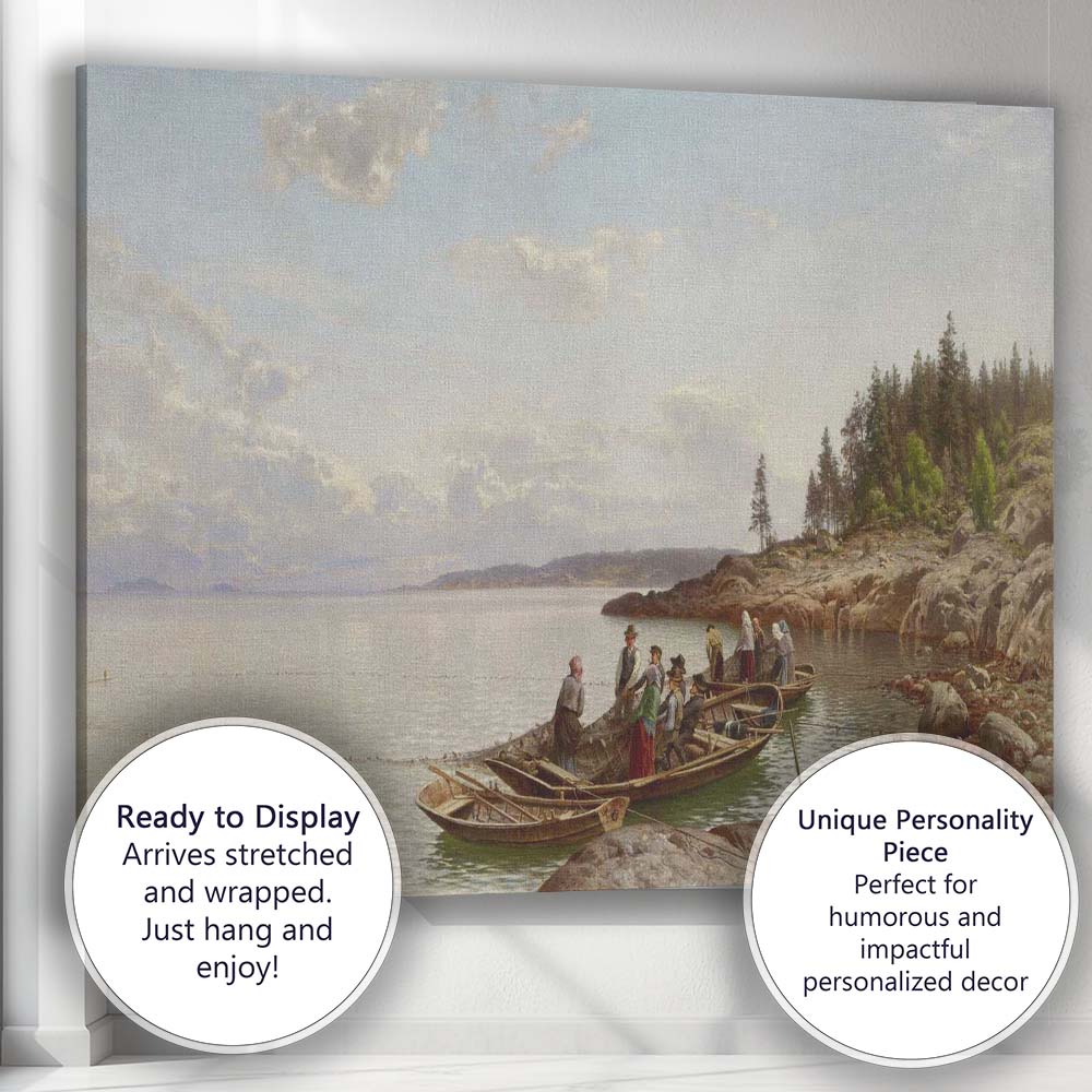 Nordic Coastal Fishermen Gathering Boats on Calm Rocky Shore Seascape Canvas Wall Art Print Decor Picture Ready to Hang