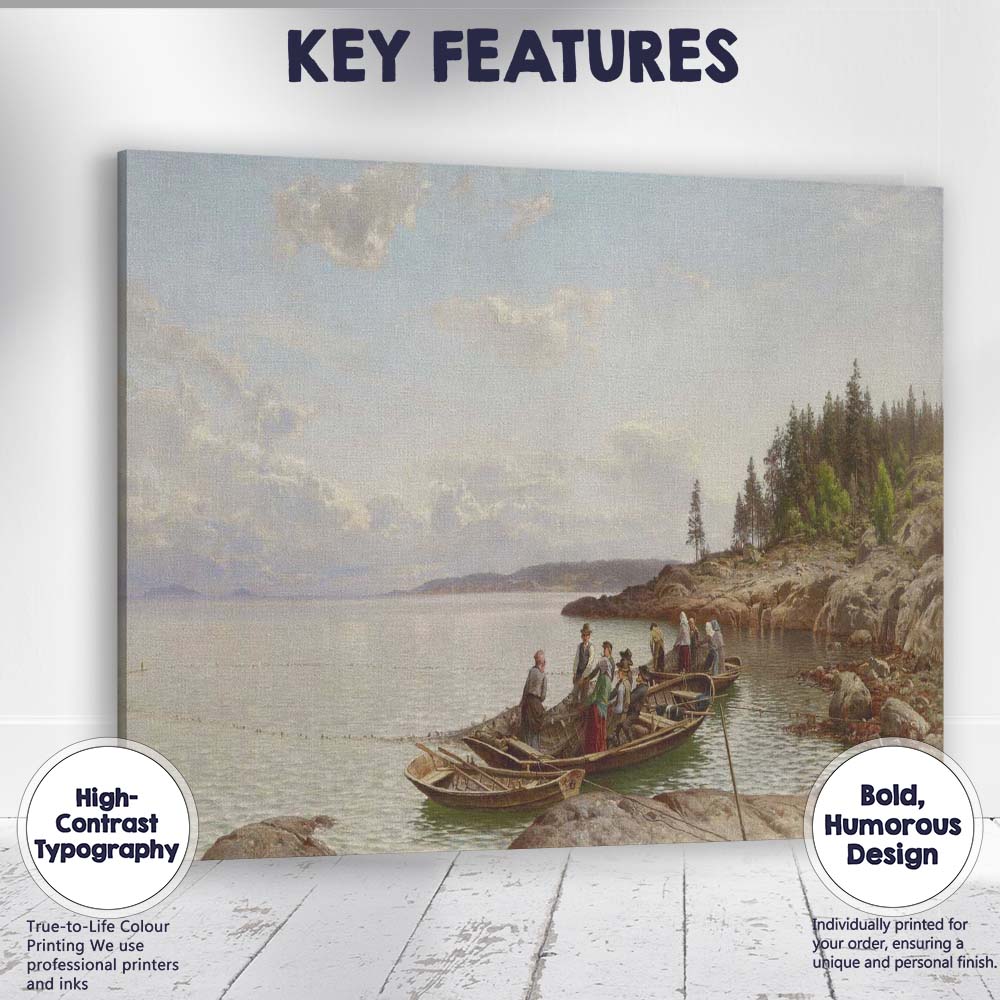 Nordic Coastal Fishermen Gathering Boats on Calm Rocky Shore Seascape Canvas Wall Art Print Decor Picture Ready to Hang