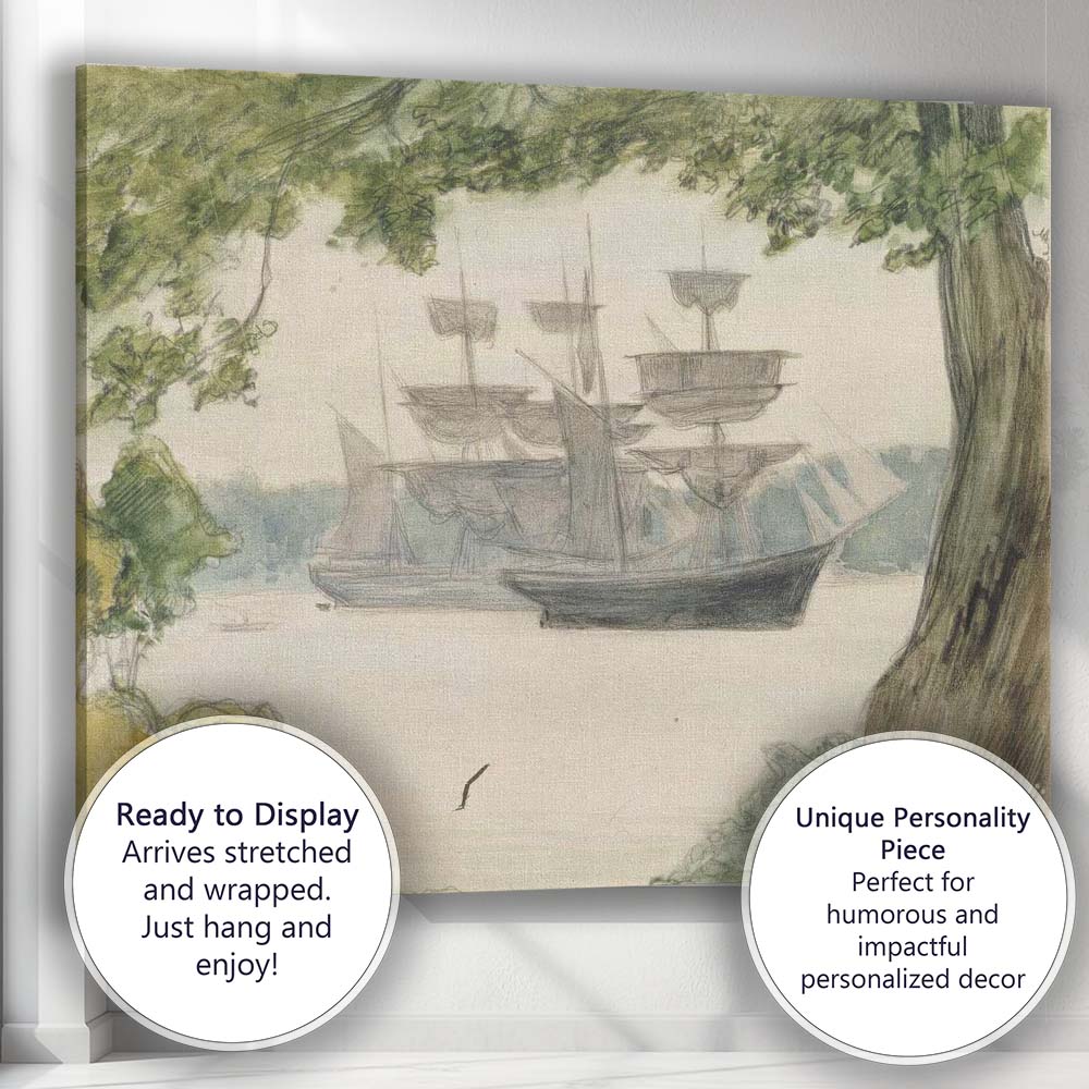 Historic Tall Ships Anchored Beneath Trees Coastal Sketch Canvas Wall Art Print Decor Picture Ready to Hang