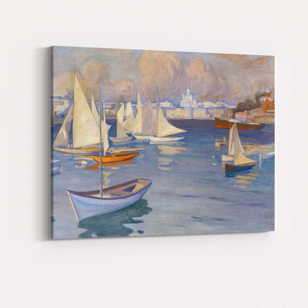 Scandinavian Harbour Sailboats and City Skyline Impressionist Painting Canvas Wall Art Print Decor Picture Ready to Hang