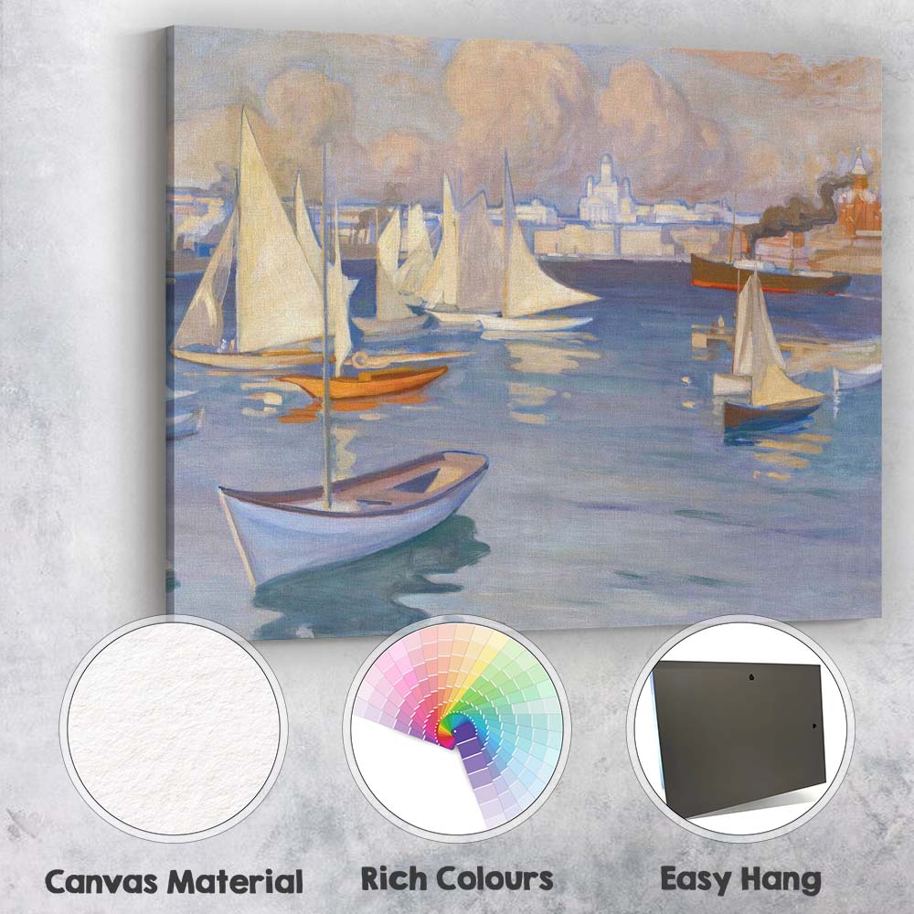 Scandinavian Harbour Sailboats and City Skyline Impressionist Painting Canvas Wall Art Print Decor Picture Ready to Hang