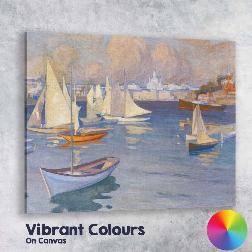 Scandinavian Harbour Sailboats and City Skyline Impressionist Painting Canvas Wall Art Print Decor Picture Ready to Hang