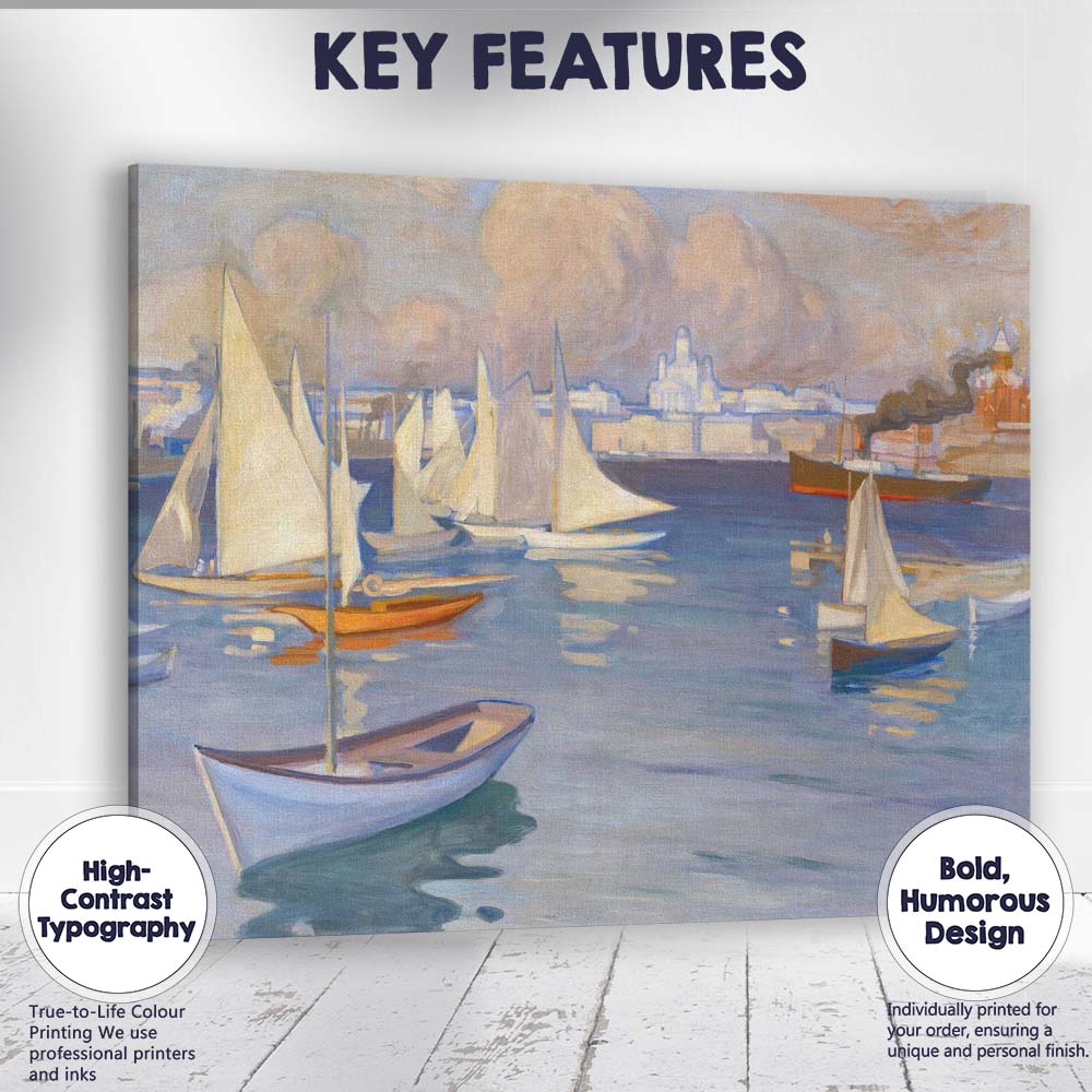 Scandinavian Harbour Sailboats and City Skyline Impressionist Painting Canvas Wall Art Print Decor Picture Ready to Hang