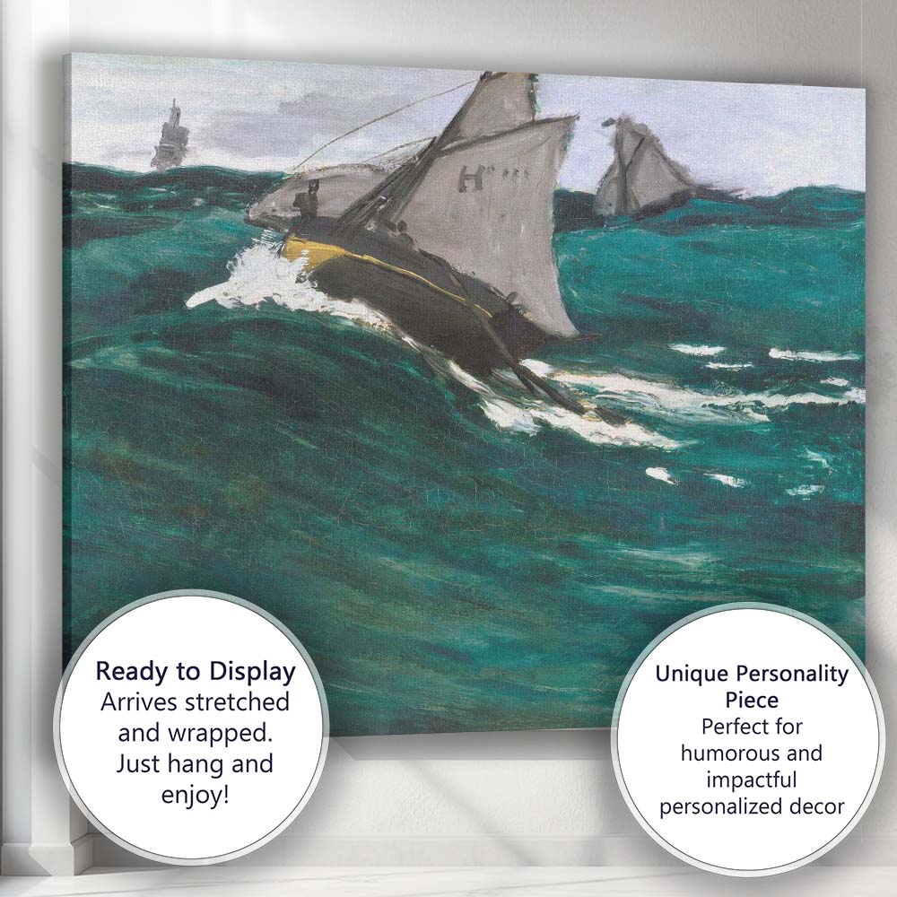 Expressive Ocean Waves and Fishing Boats Marine Painting Canvas Wall Art Print Decor Picture Ready to Hang