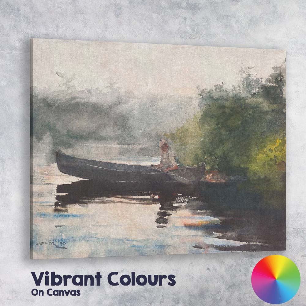 Misty Lake Canoe Fisherman Watercolour Landscape Artwork Canvas Wall Art Print Decor Picture Ready to Hang