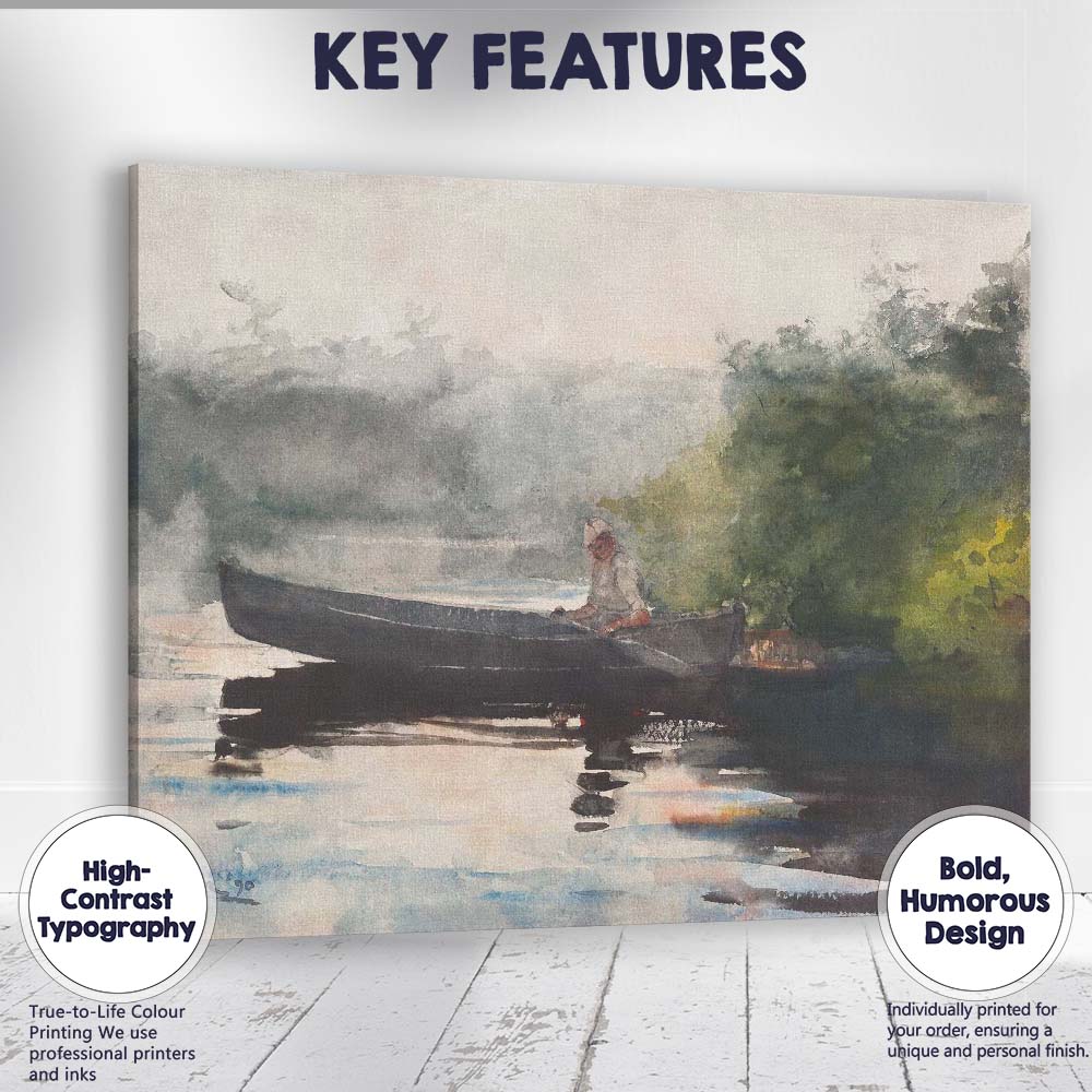 Misty Lake Canoe Fisherman Watercolour Landscape Artwork Canvas Wall Art Print Decor Picture Ready to Hang
