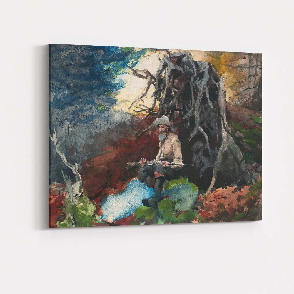 Rustic Woodland Hunter Beneath Ancient Tree Watercolour Painting Canvas Wall Art Print Decor Picture Ready to Hang