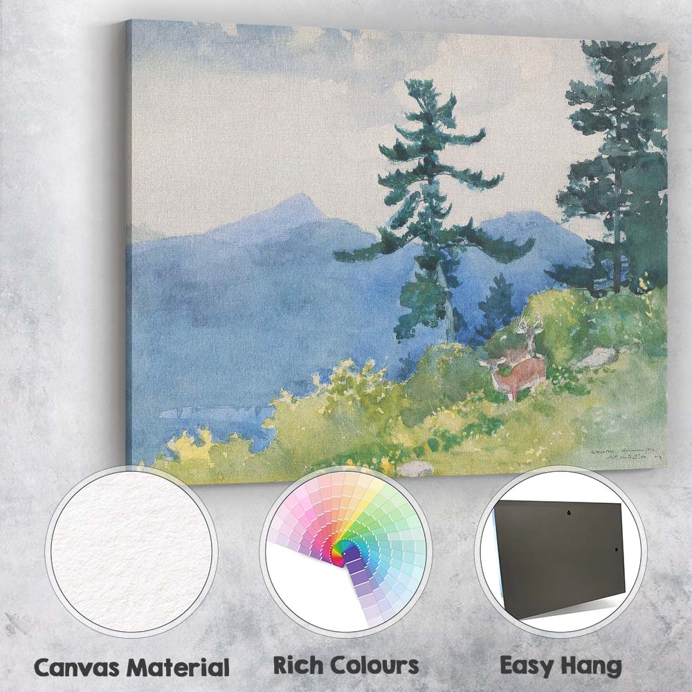 Peaceful Mountain Deer Forest Watercolour Nature Landscape Canvas Wall Art Print Decor Picture Ready to Hang