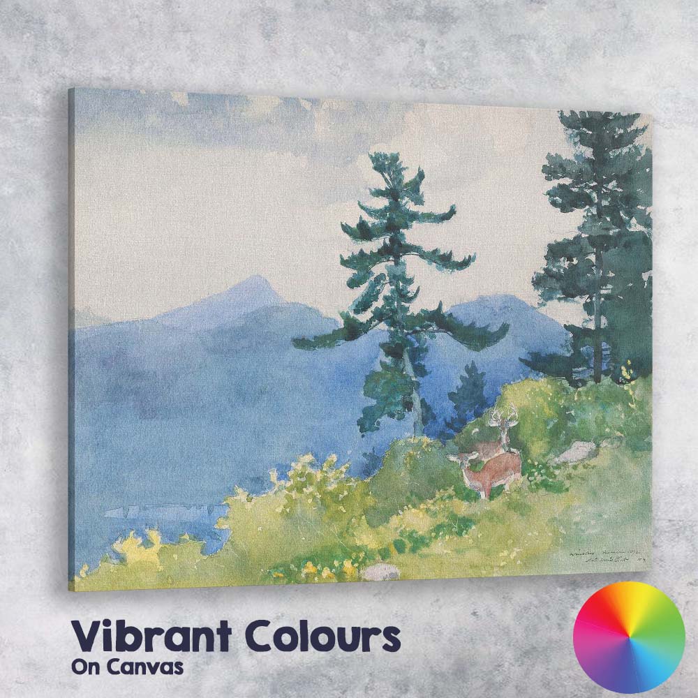 Peaceful Mountain Deer Forest Watercolour Nature Landscape Canvas Wall Art Print Decor Picture Ready to Hang