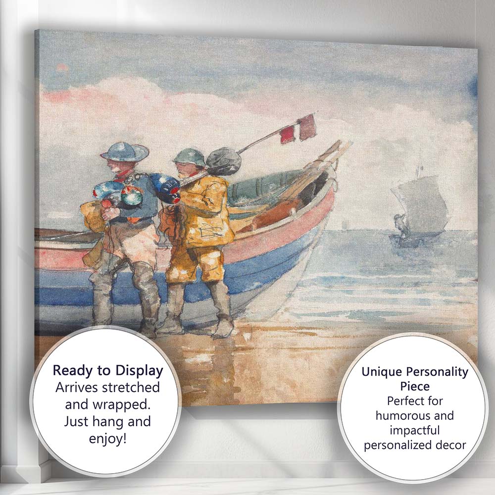 Coastal Fishermen Beside Fishing Boat Beach Watercolour Artwork Canvas Wall Art Print Decor Picture Ready to Hang
