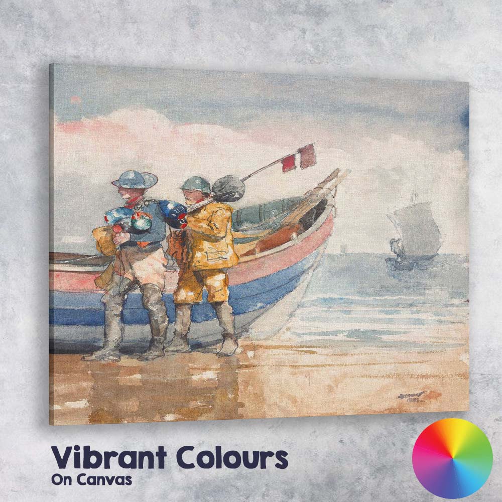 Coastal Fishermen Beside Fishing Boat Beach Watercolour Artwork Canvas Wall Art Print Decor Picture Ready to Hang