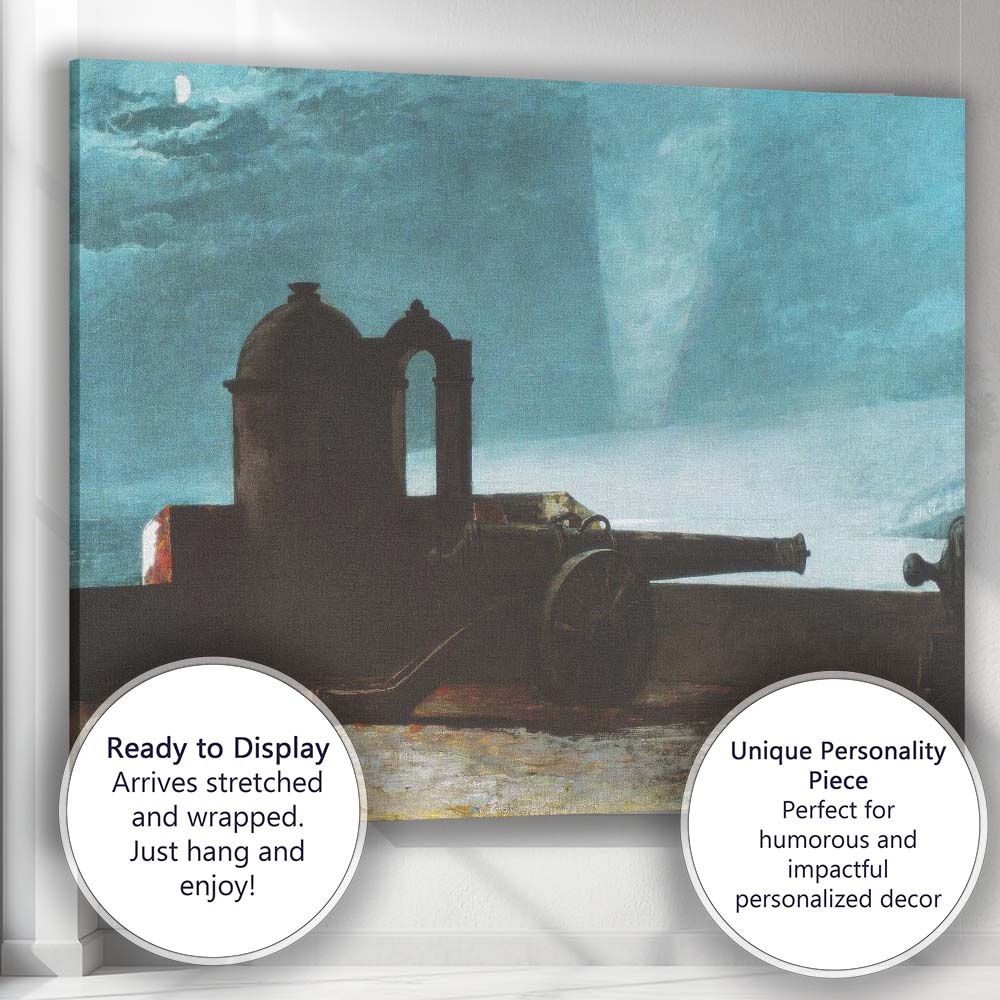 Moonlit Coastal Fortress Cannon Stormy Sea Tornado Painting Canvas Wall Art Print Decor Picture Ready to Hang