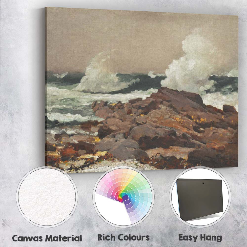 Dramatic Ocean Waves Rocky Shore Coastal Oil Painting Canvas Wall Art Print Decor Picture Ready to Hang