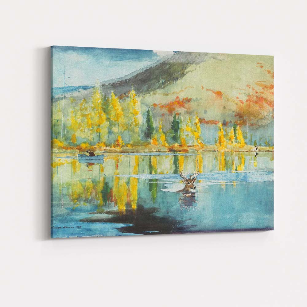 Autumn Lake Reflection Deer Woodland Watercolour Landscape Canvas Wall Art Print Decor Picture Ready to Hang