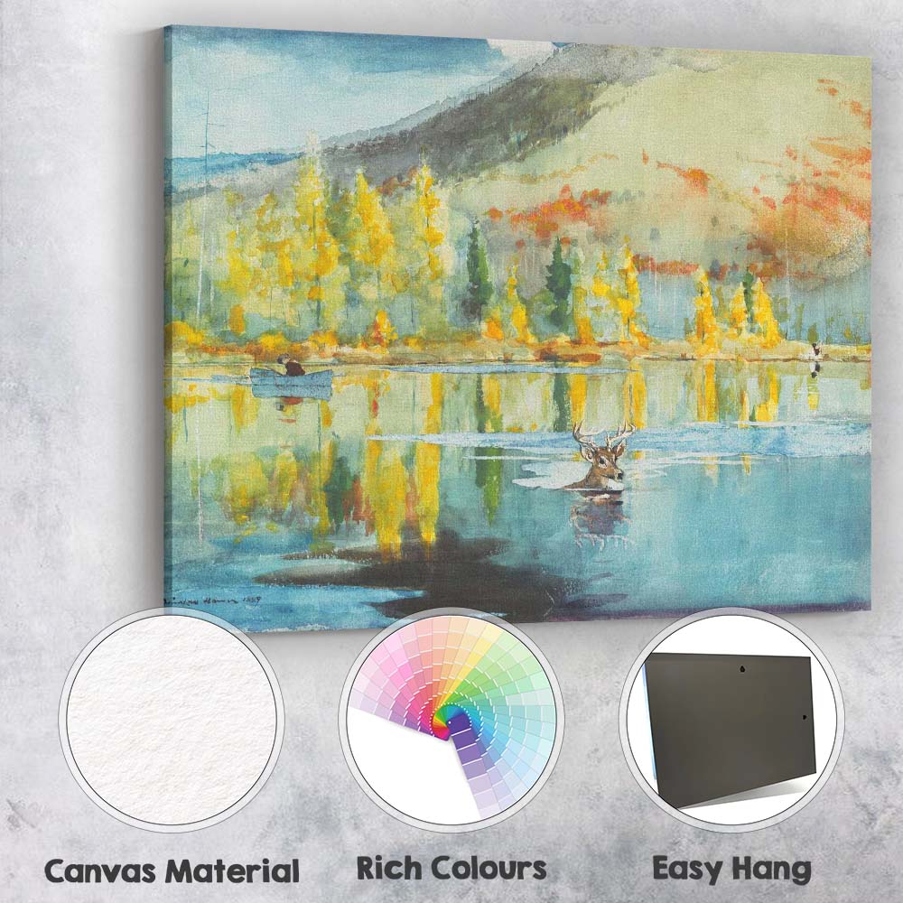 Autumn Lake Reflection Deer Woodland Watercolour Landscape Canvas Wall Art Print Decor Picture Ready to Hang