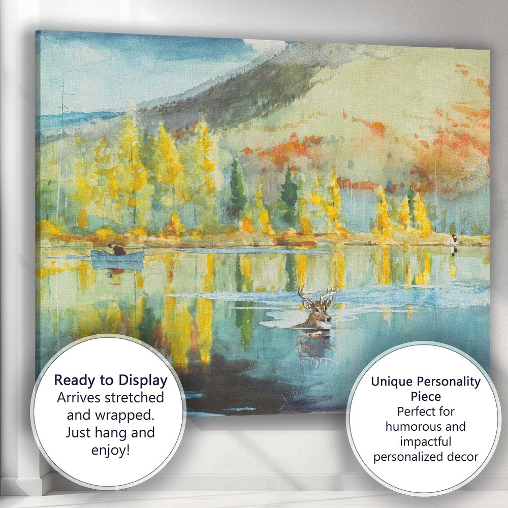 Autumn Lake Reflection Deer Woodland Watercolour Landscape Canvas Wall Art Print Decor Picture Ready to Hang