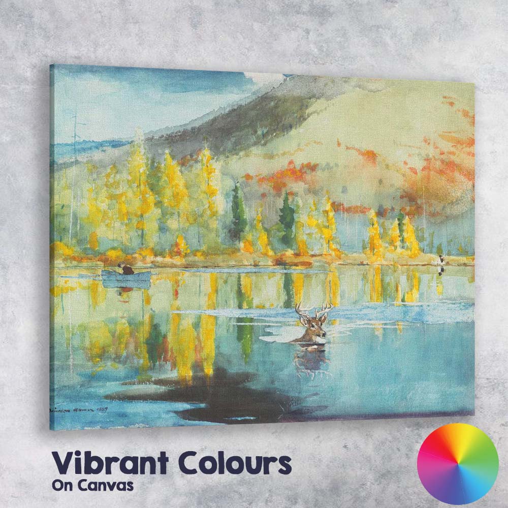Autumn Lake Reflection Deer Woodland Watercolour Landscape Canvas Wall Art Print Decor Picture Ready to Hang