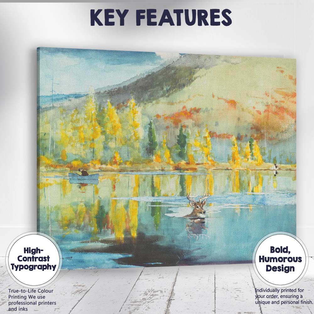 Autumn Lake Reflection Deer Woodland Watercolour Landscape Canvas Wall Art Print Decor Picture Ready to Hang